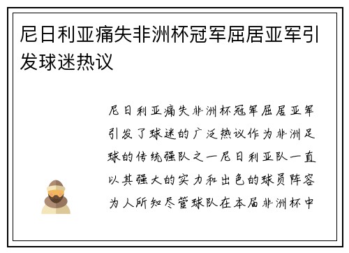 尼日利亚痛失非洲杯冠军屈居亚军引发球迷热议